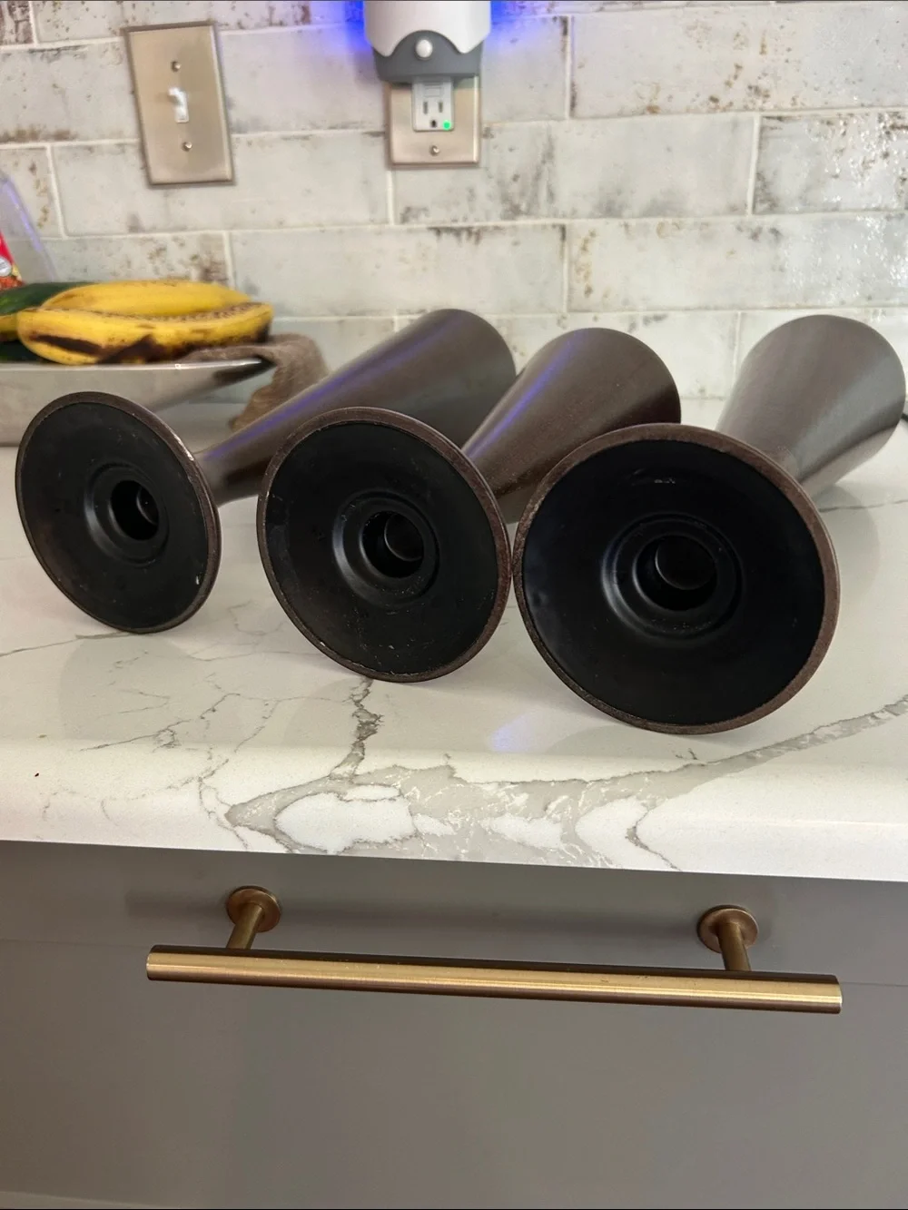 Three Wooden Tapered Candle Holders Set - Brown -EUC